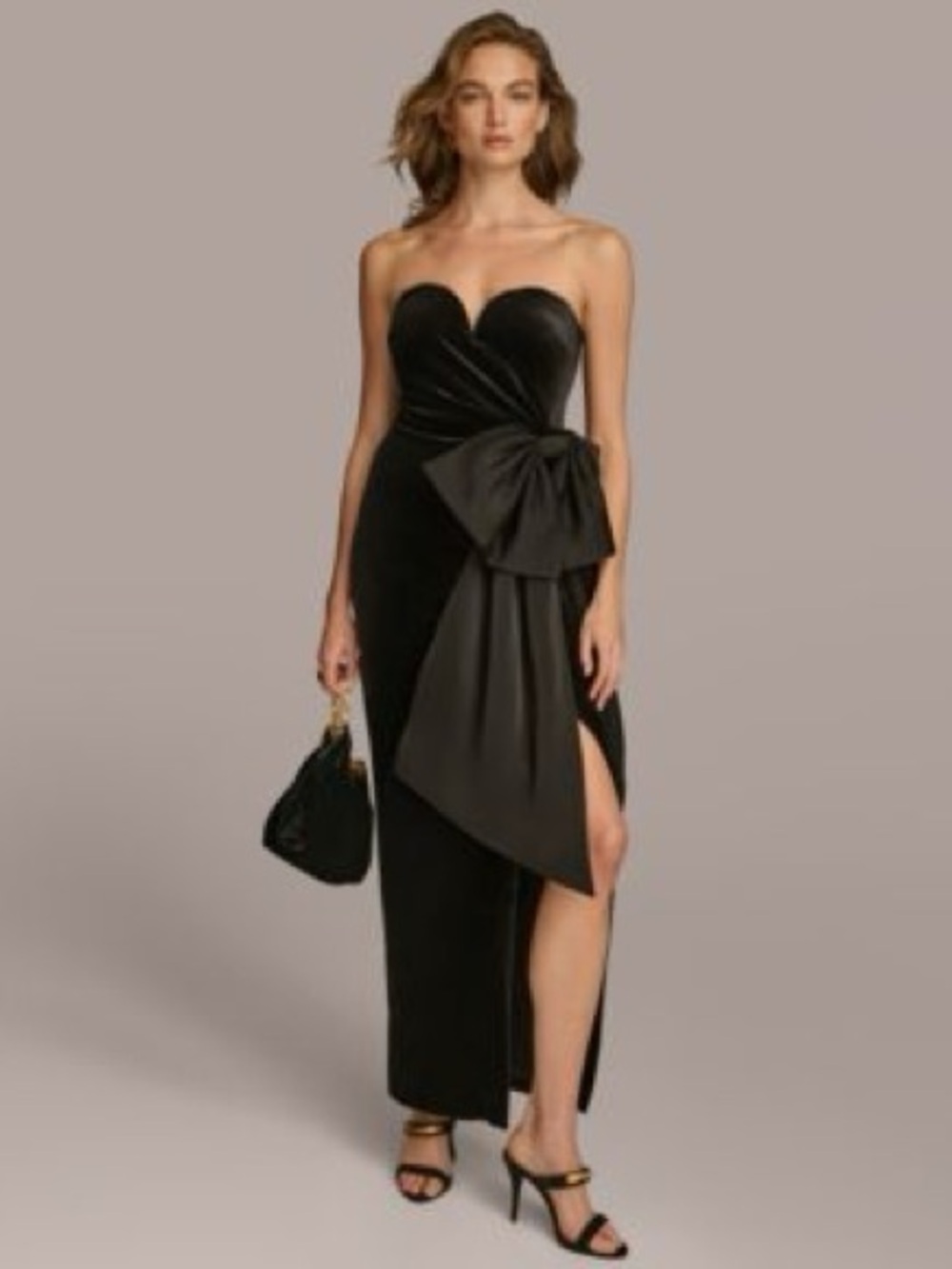 Donna Karan Velvet Strapless Black Evening Gown with Side Bow